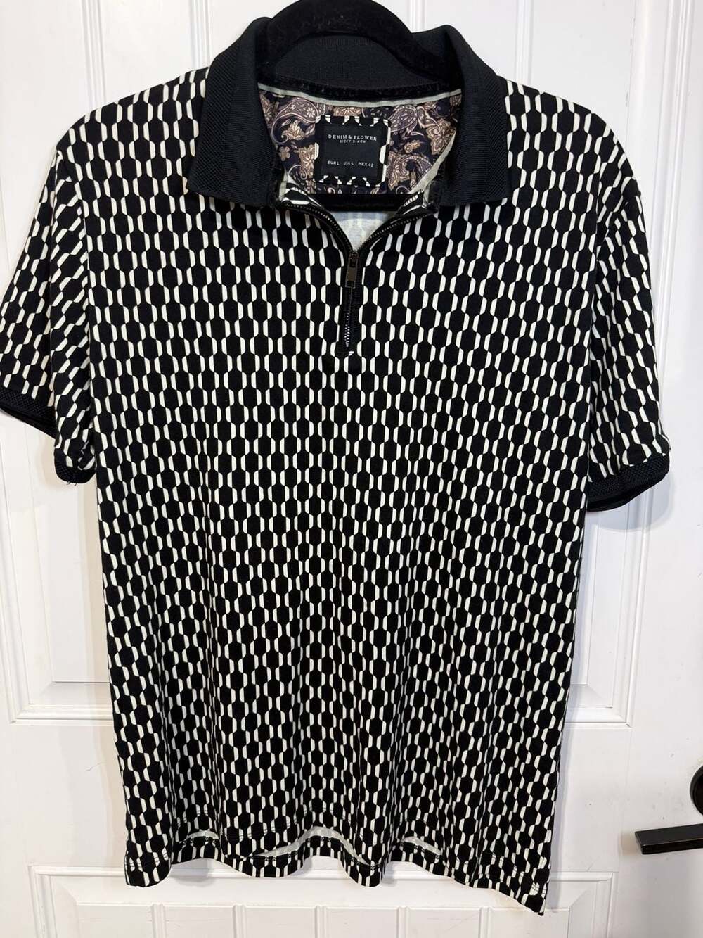Denim & Flower by Ricky Singh Black and White Geometric Print Quarter Zip Polo
